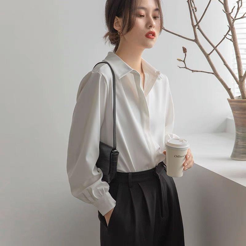 Spring Autumn Professional Formal Wear White Long-sleeved Women's Niche Temperament Lapel Shirt French Top