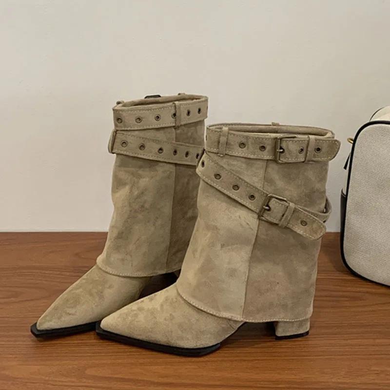 Fashion Eilyken Vintage Design Fashion Belt Buckle Strap Women Ankle Boots Design Pointed Toe Square Heels Shoes Zapatos De Mujes