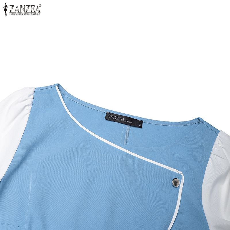 ZANZEA Women Casual Round Neck Splice 3/4 Sleeve Elegant Dress