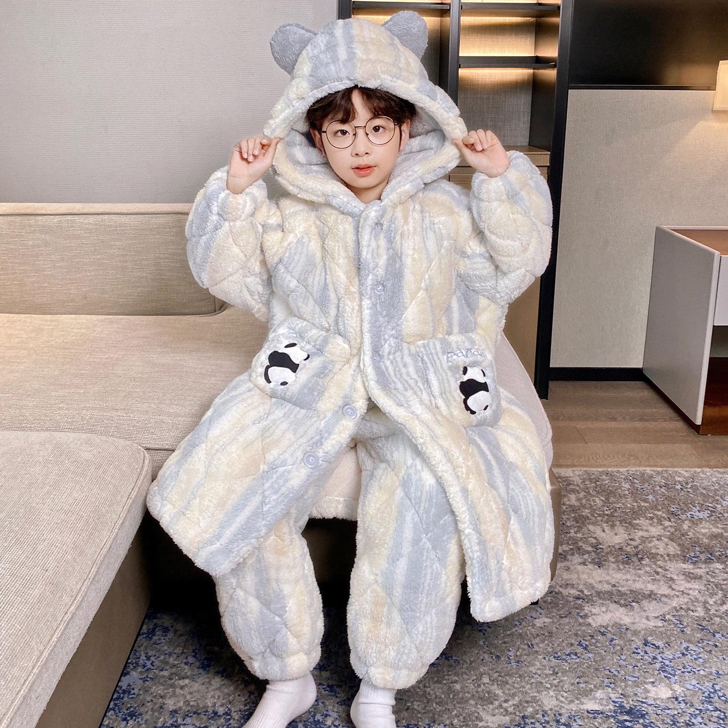 

Boys 2025 Winter Quilted Coral Fleece Pajamas and Robe Set Boys 10