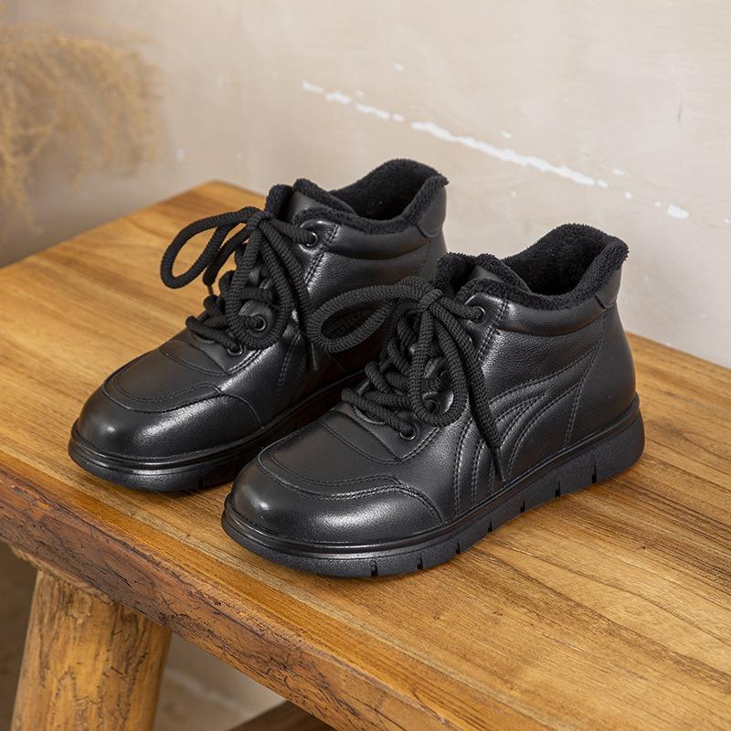 Retro High-top Cotton Shoes Warm and Velvet Versatile Winter Leather Flat Heel Beef Tendon Soft Sole Medium Old Mother Martin Boots