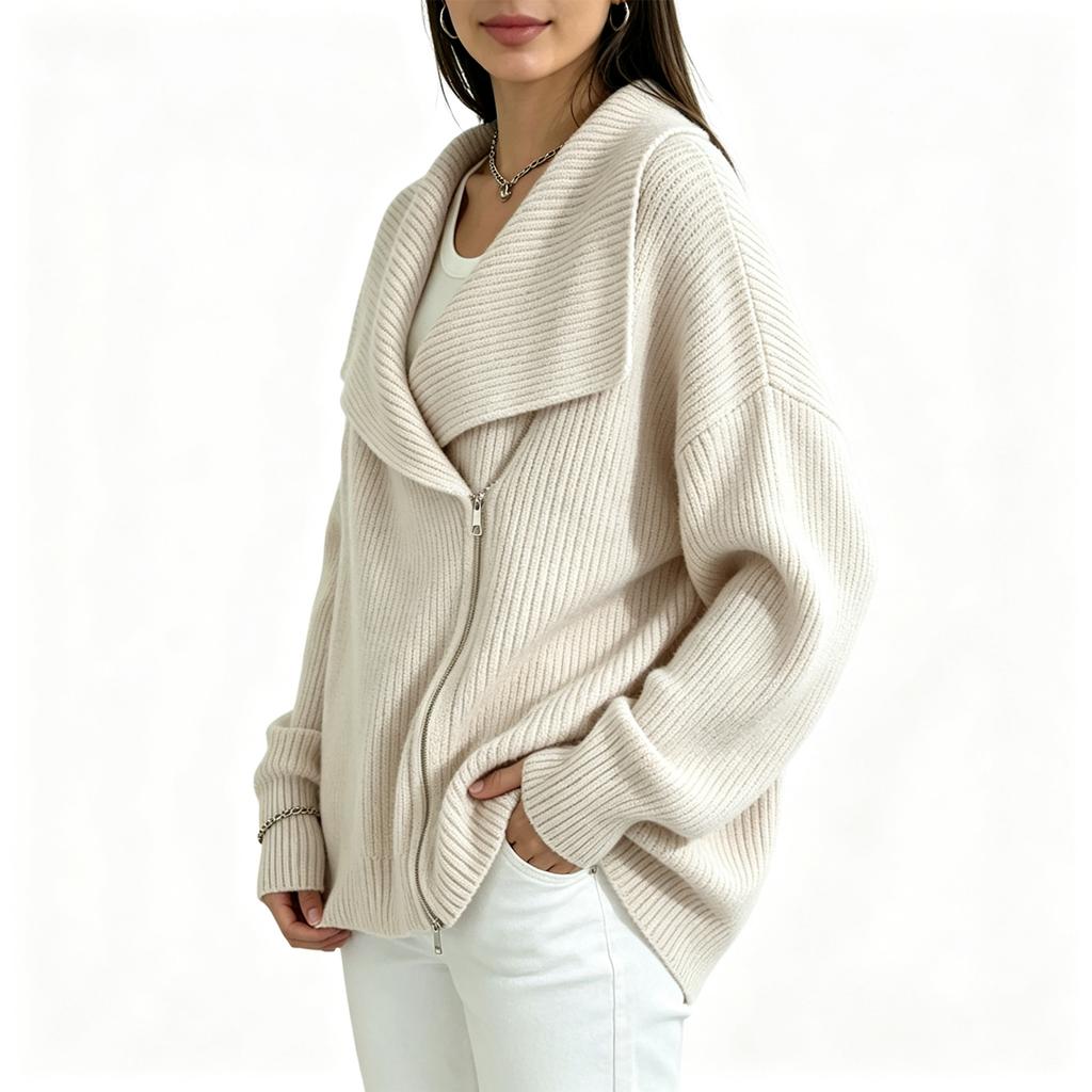 Women's Double Zipper Knit Cardigan Sweater with Lapel Collar for Casual Fashion