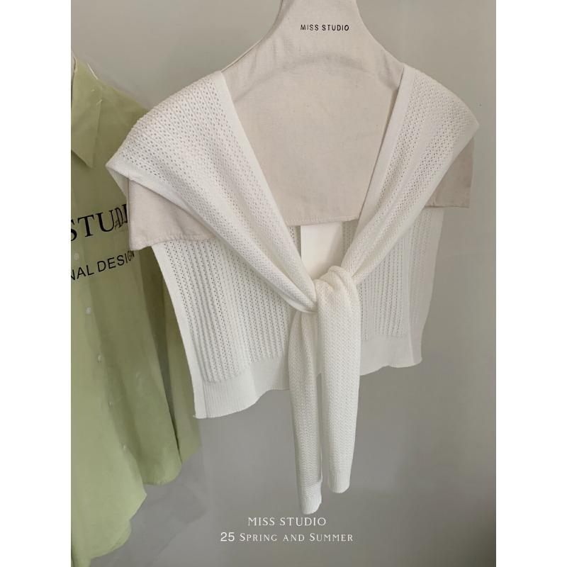Solid color knitted small shawl fashionable versatile hollow high-end atmosphere white temperament outer small shawl