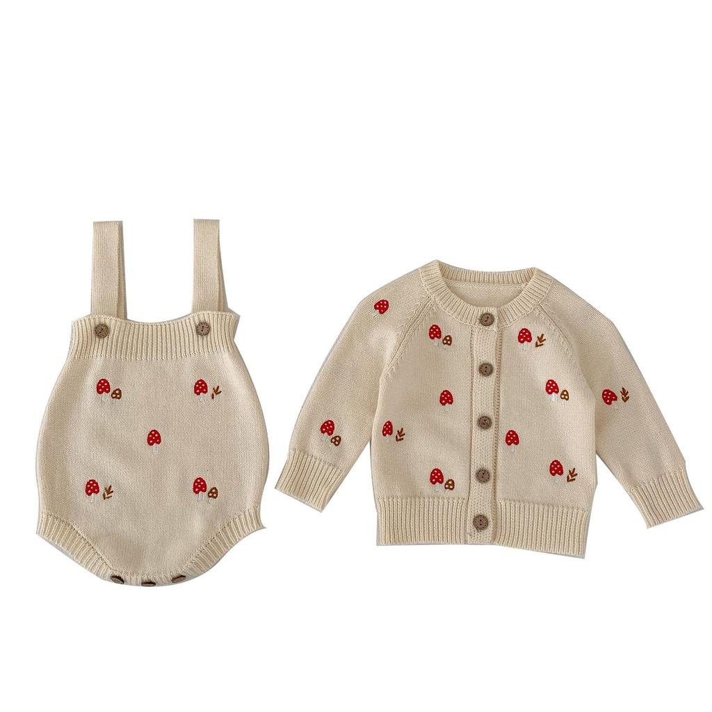 Adorable Baby Girl Mushroom Embroidered Cardigan and Sleeveless Romper Set for Spring Autumn