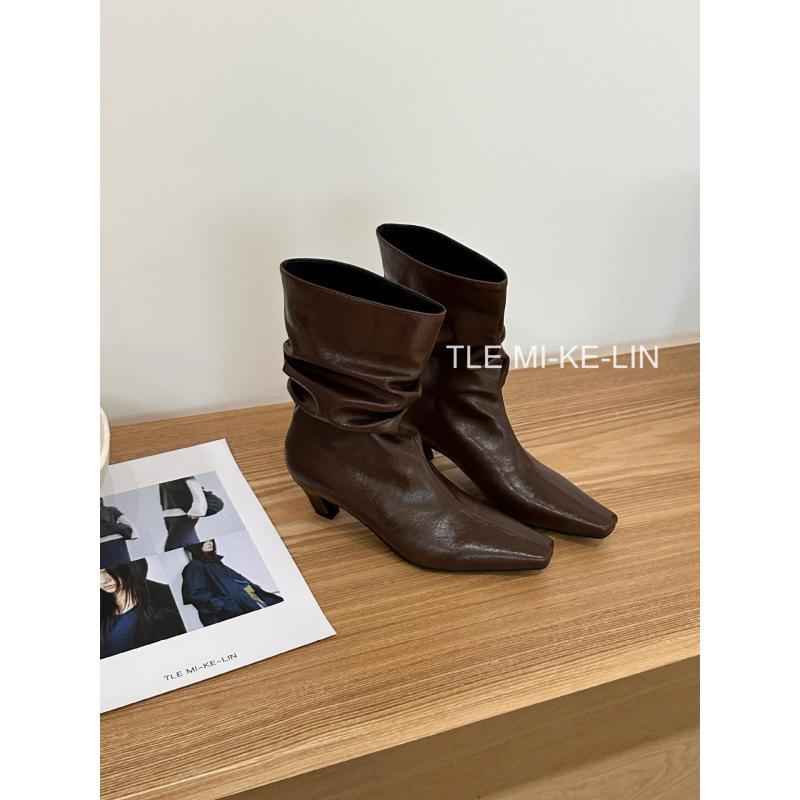 French pointed toe wedge short boots women's 2025 autumn and winter retro pleated piled boots slim short boots