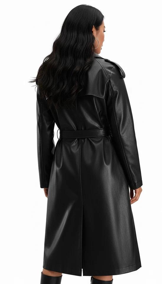 Trench da Donna Nero Fatto a Mano per Feste in Vera Pelle di Agnello Autentica Casual Elegante
