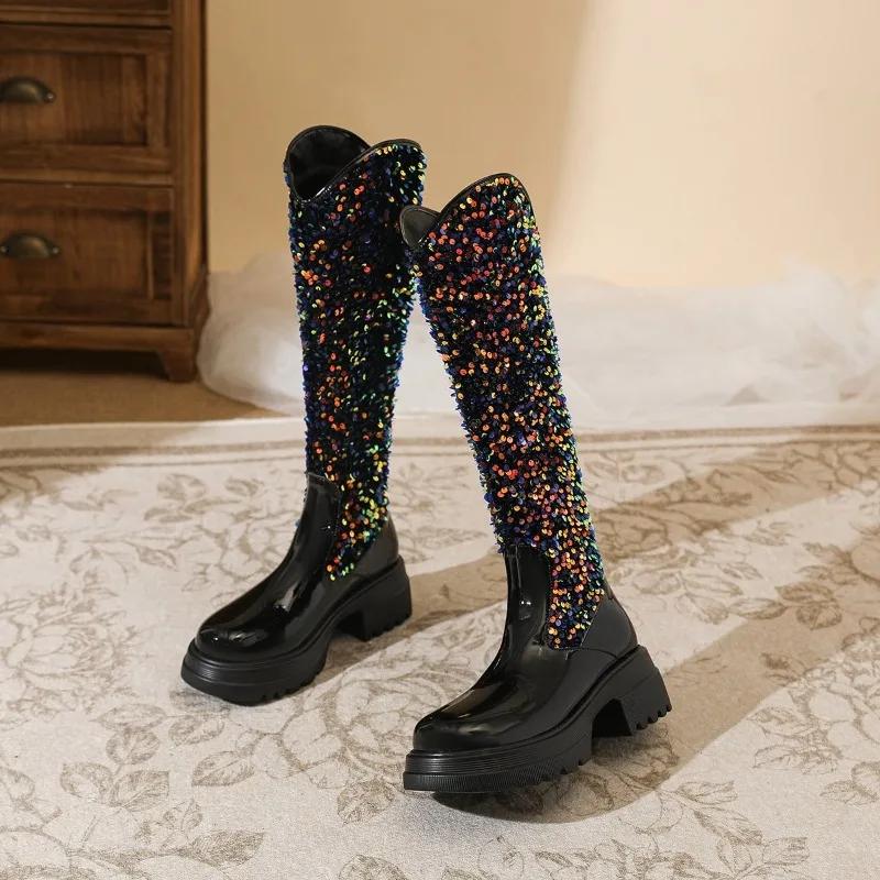 Long Thigh Boots Spring and Autumn Round Toe Spliced Sequin Zipper Platform Square Heel Walk Show Fashion Women's Shoes