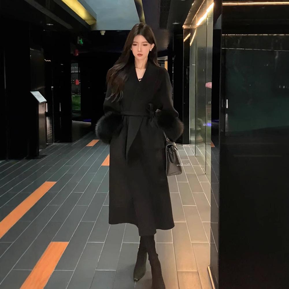Black Woolen Coat Women's Autumn and Winter Waist Medium and Long Woolen Coat