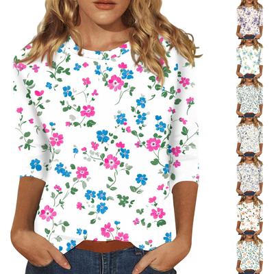 Women's Fashion Casual Round Neck Printed 3/4 T-shirt Top