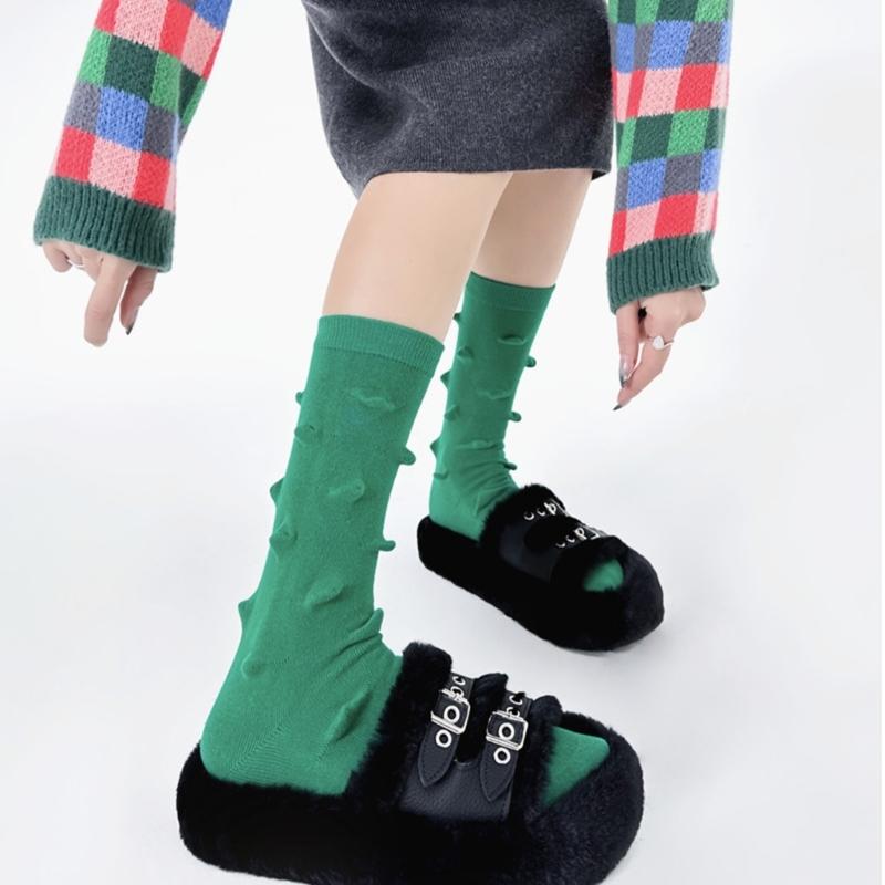 Womens Harajuku Cotton Crew Socks 3D Raised Point Cute Hedgehog Thorns Solid Color Skateboard Middle Tube Calf Socks