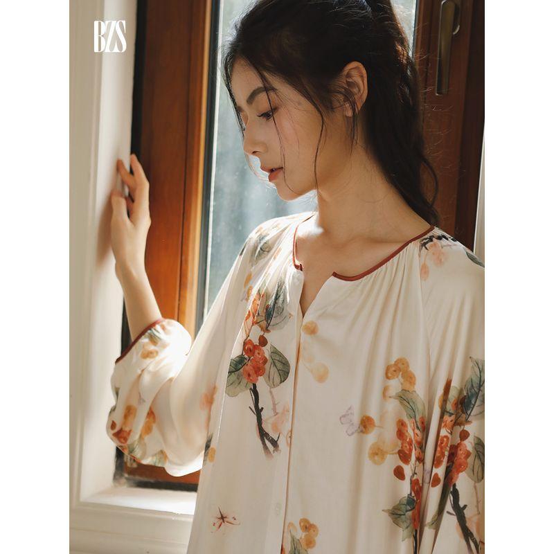 24 Autumn New Women's Rayon Satin Sweet Mori Fruit Outwear Print Cardigan Long Sleeves Home Nightdress