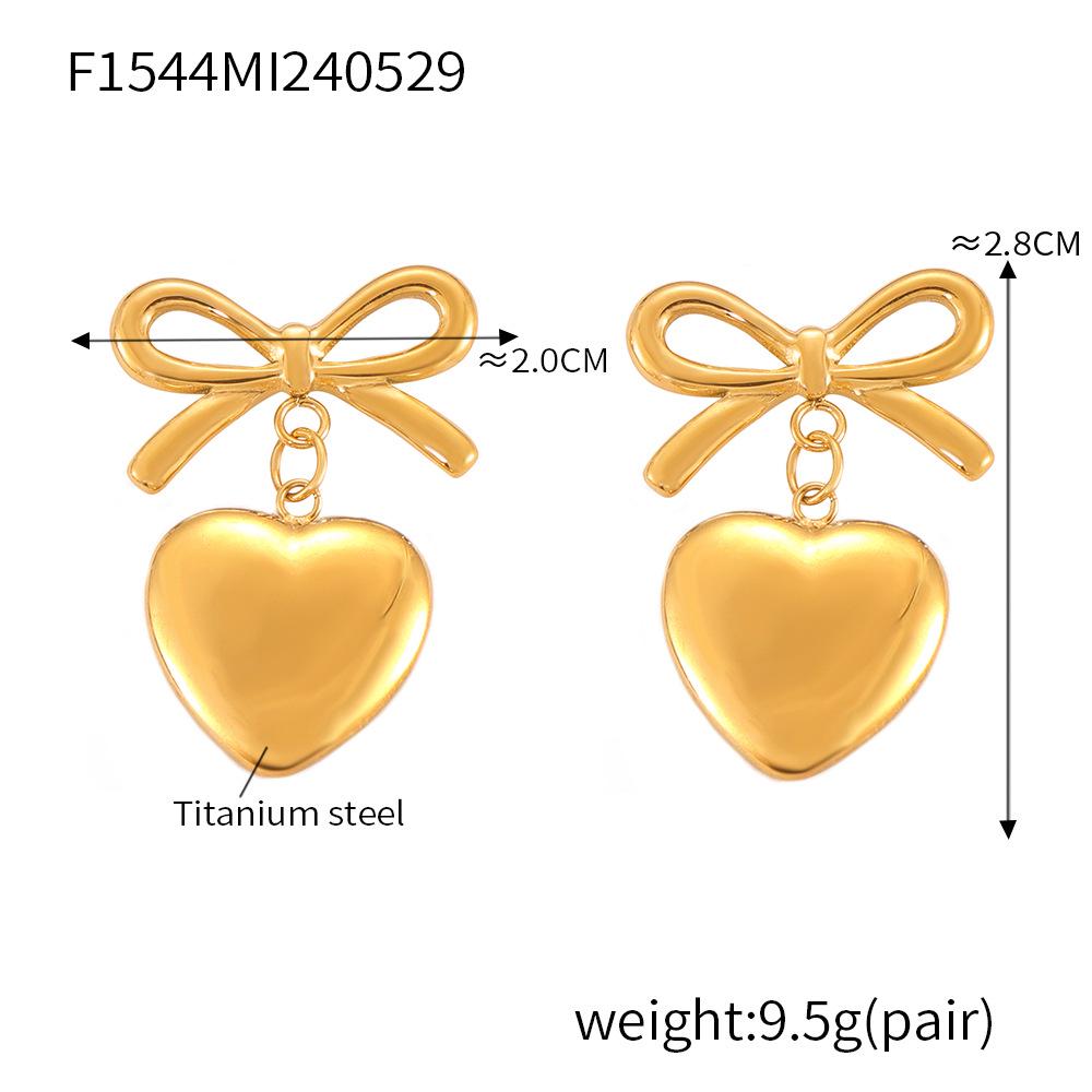 Trendy Bow & Heart 18K Gold Titanium Earrings: Chic European & American Influencer Style