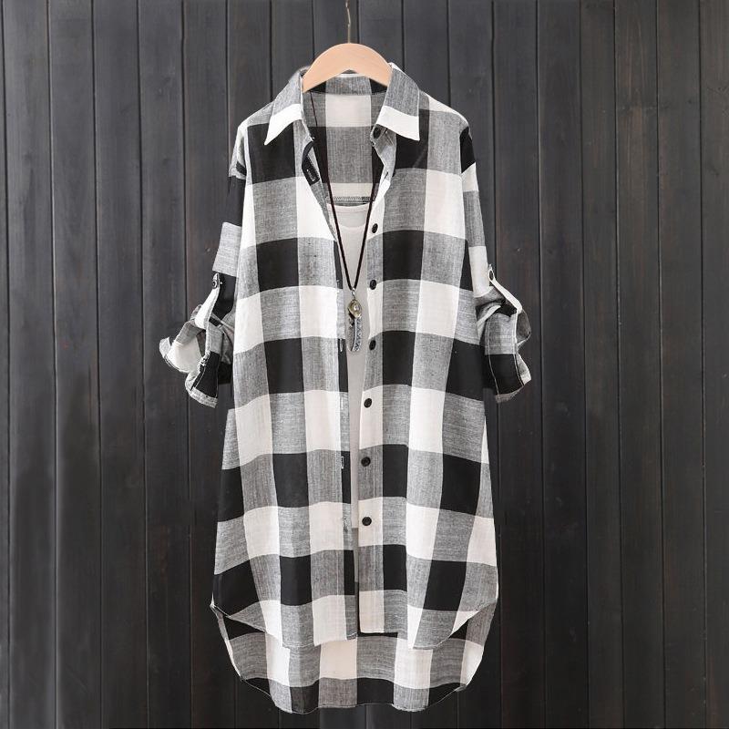 Cotton and linen shirt jacket women's summer thin sunscreen shirt medium and long long-sleeved top loose plaid shirt