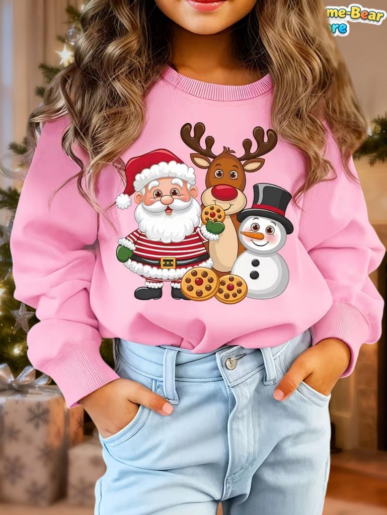 Girl Hoodies Christmas Theme 3D Print Round Neck Sweatshirt for Kids Holiday Casual Top Party Christmas Gift Children's Clothing