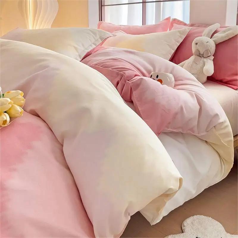 Skin-Friendly Twill Fabric Bed Sheet Four Piece Set Ab Double-Sided Color Blocking Bedding Sets Flower Printed Quilt Cover