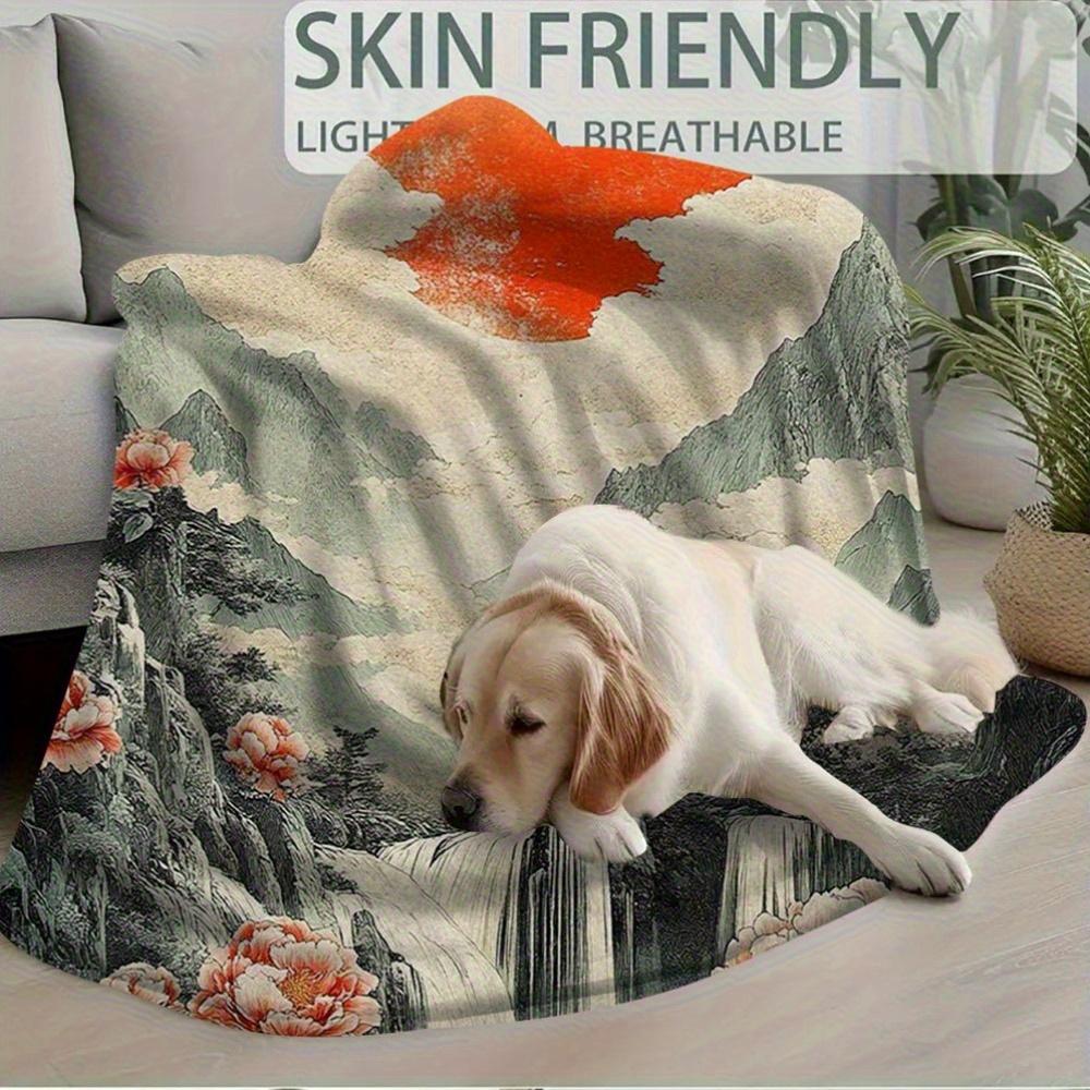 1Pc Vintage-Inspired Mountain & Sunset Printed Blanket, 60X80 Inch, Soft Cotton Fabric, Ideal For Family Travel And Camping