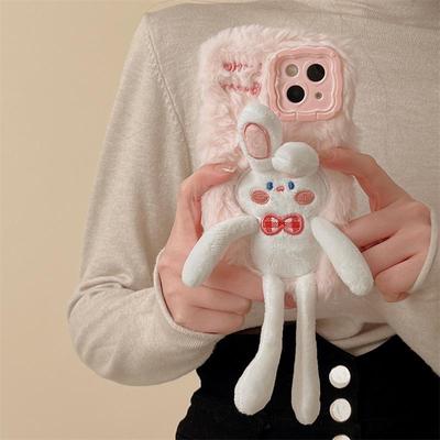 Compatible Apple 14 Pro Max, 13, 12, 11 Plush Rabbit Phone Case with Invisible Stand and Anti-Fall Protection.