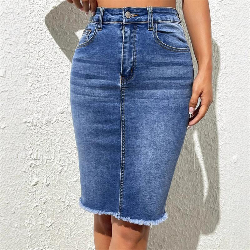 Women Fashion High Waist Denim Skirts Ladies Stretch Jeans Knee Length Casual Bodycon Dress Skirt