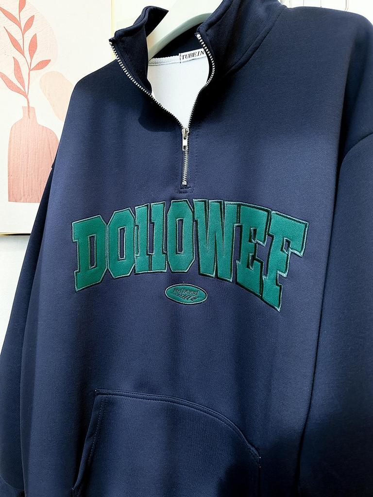 Women's Pink Retro Half-Zip Sweatshirt - Spring Thin, Oversized Streetwear with Stand-Up Collar