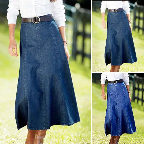 Denim Midi Skirt High Waist Large Hem Slimming Design Midi Skirt Solid Color