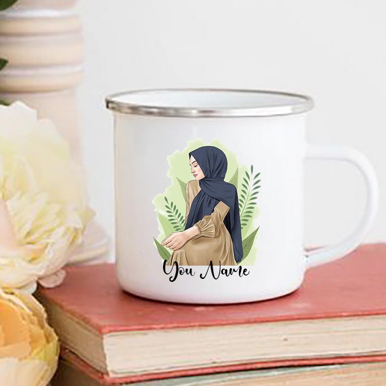 Personalised Hijabi Girl Printed Mug Coffee Cups Drinks Water Cup Muslim Girls Custom Name Enamel Handle Mugs Handle Eid Gifts