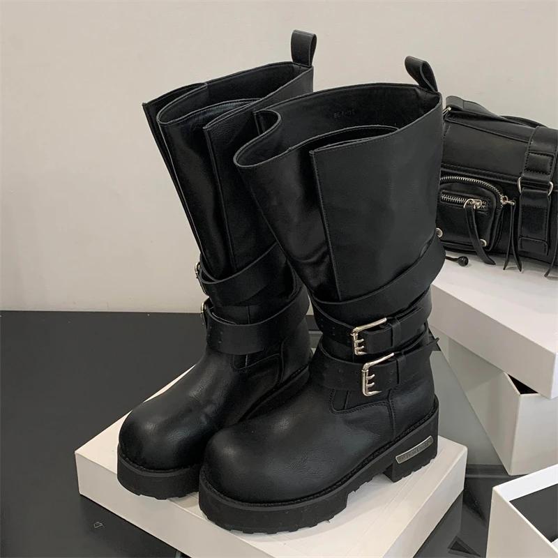 Eilyken Designer Round Toe Woman Knee High Boots Square Heels Buckle Strap Long Booties Comfortable Shoes Zapatos Mujer