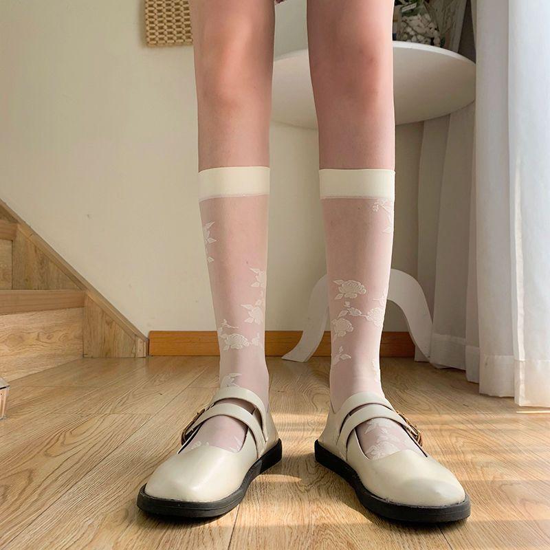 

Летние Лолита Вышитые Гольфы до Икры/Колена JK Шелковые Носки для Женщин | Тонкие Белые Чулки Выше Колена белый