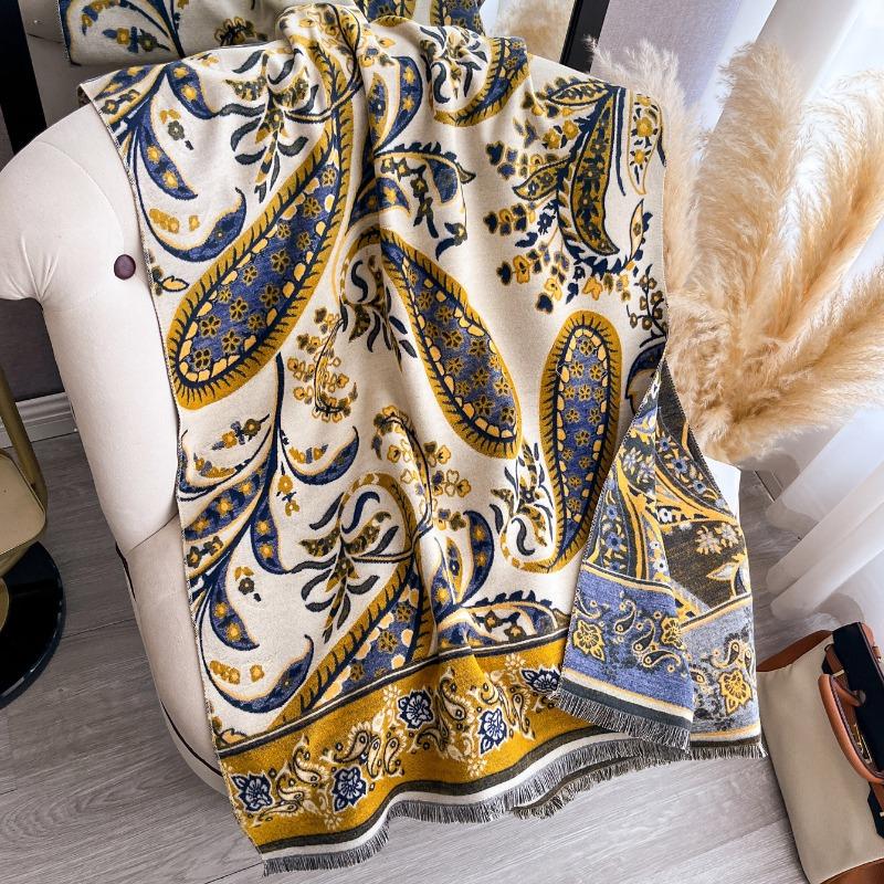 Ethnic Printed Faux Cashmere Scarf Winter Warm Thick Shawl For Women