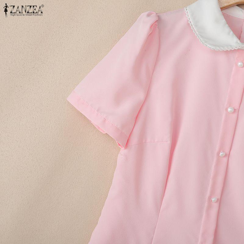ZANZEA Damen Freizeitkleid mit Puppenkragen Sommer Kurzarm