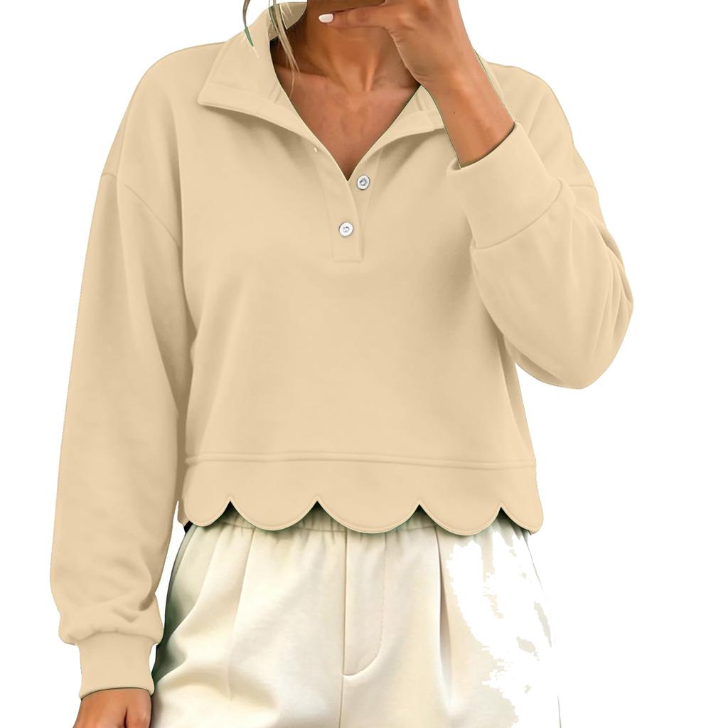 Women's Fashion Color Long Sleeve Collared Pullover Sweatshirt Casual Loose Fit Top