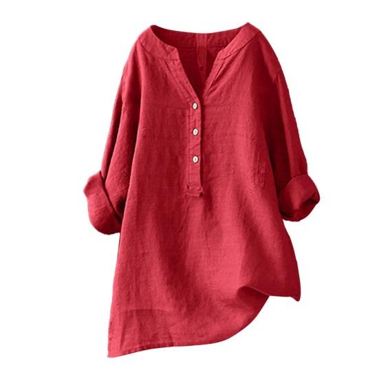 

Women Tops V-neck Buttons Half Placket Long Sleeve Mid-length Pullover Tops Loose Fit Pure Color Casual Tops Daily S