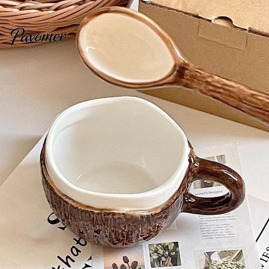 Unique Textured Breakfast Bowl Vintage Coconut Shell Ceramic Mug, Handmade Irregular Coffee Cup with Spoon, Cereal Mug Rustic Texture Oatmeal Tea for
