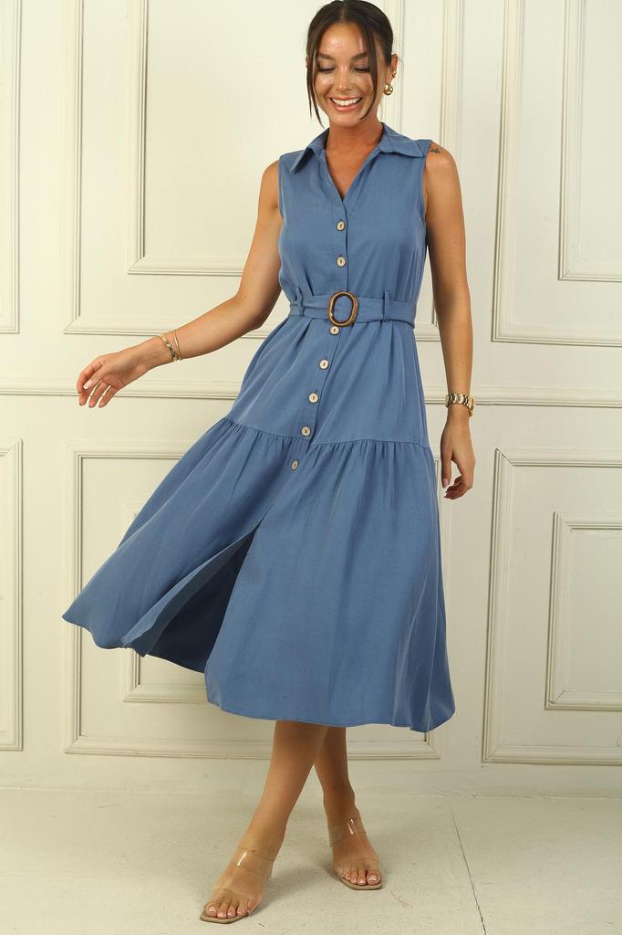 Rochie lungă cu nasturi în față și cu brâu în talie