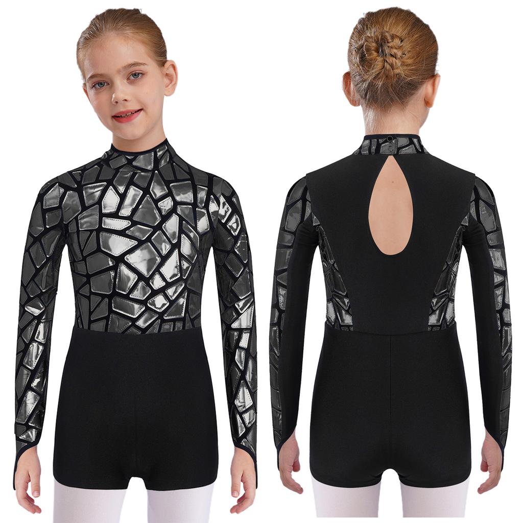 Sparkling Metallic Sequin Jumpsuit for Girls: Mock Neck Long Sleeve Keyhole Back Bodysuit for Gymnastics & Dance Shows