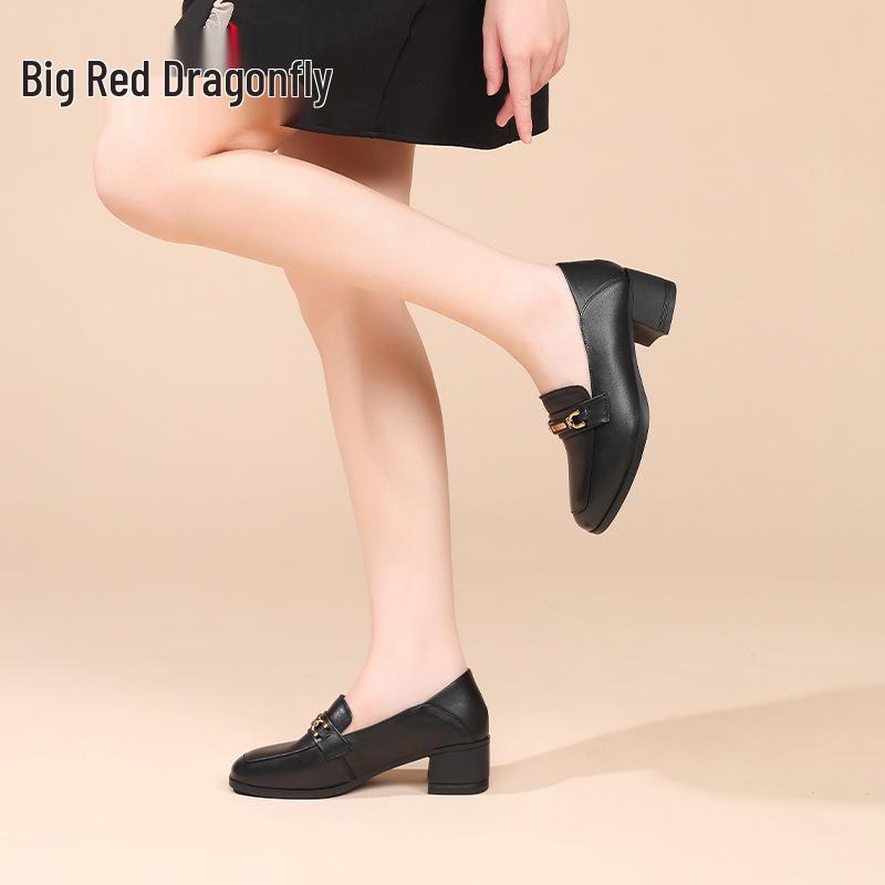 Red Dragonfly Women's Autumn 2025 Genuine Leather Flats - Thick Low Mid Heels, Square Toe Loafers