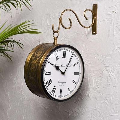 Vintage Style Hanging Metal Clock - Made with Brass / Double-sided Analogue Railway Clock / Antique Brass or Copper Ornamental Finish