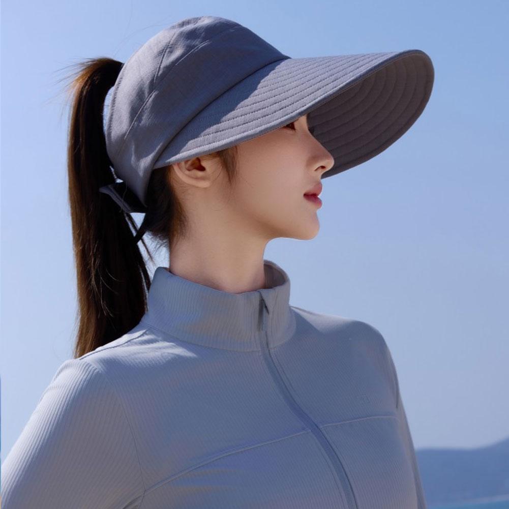 Women Empty Top Wide Brim Sun Hat Foldable Ponytail Cap UV Protection Windproof Hard Brim Adjustable Beach Riding Summer Hat