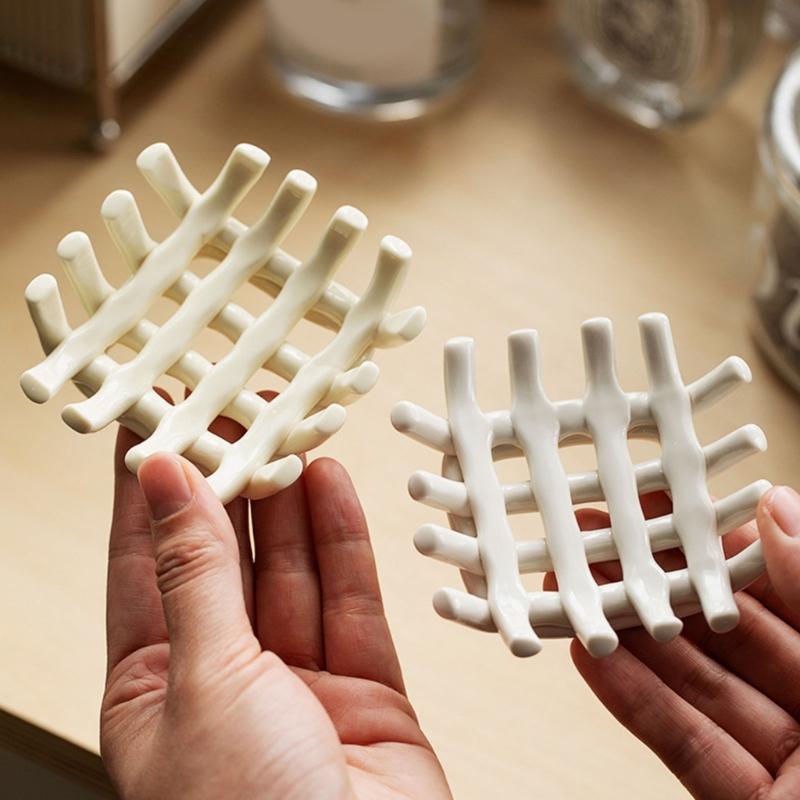 Countertop Ceramic Soap Dish with Raised Drain Rails for Bathroom Sink Use, Kitchen Counter and Guest Washroom