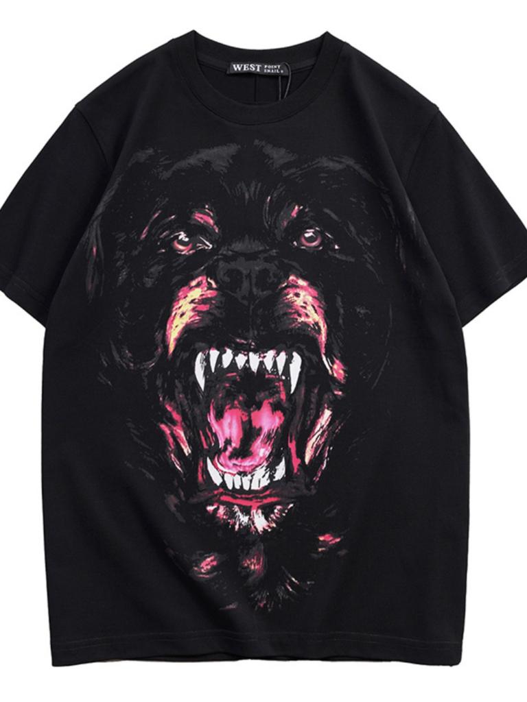 2025 summer new dog head printed short sleeve fashion men's loose personality young men and women with 100% cotton T-shirt