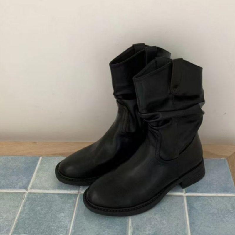 Boots Wasteland Suede Sleeve Western Boots Pointed Retro Short Boots Women's Autumn and Winter New Black Maillard