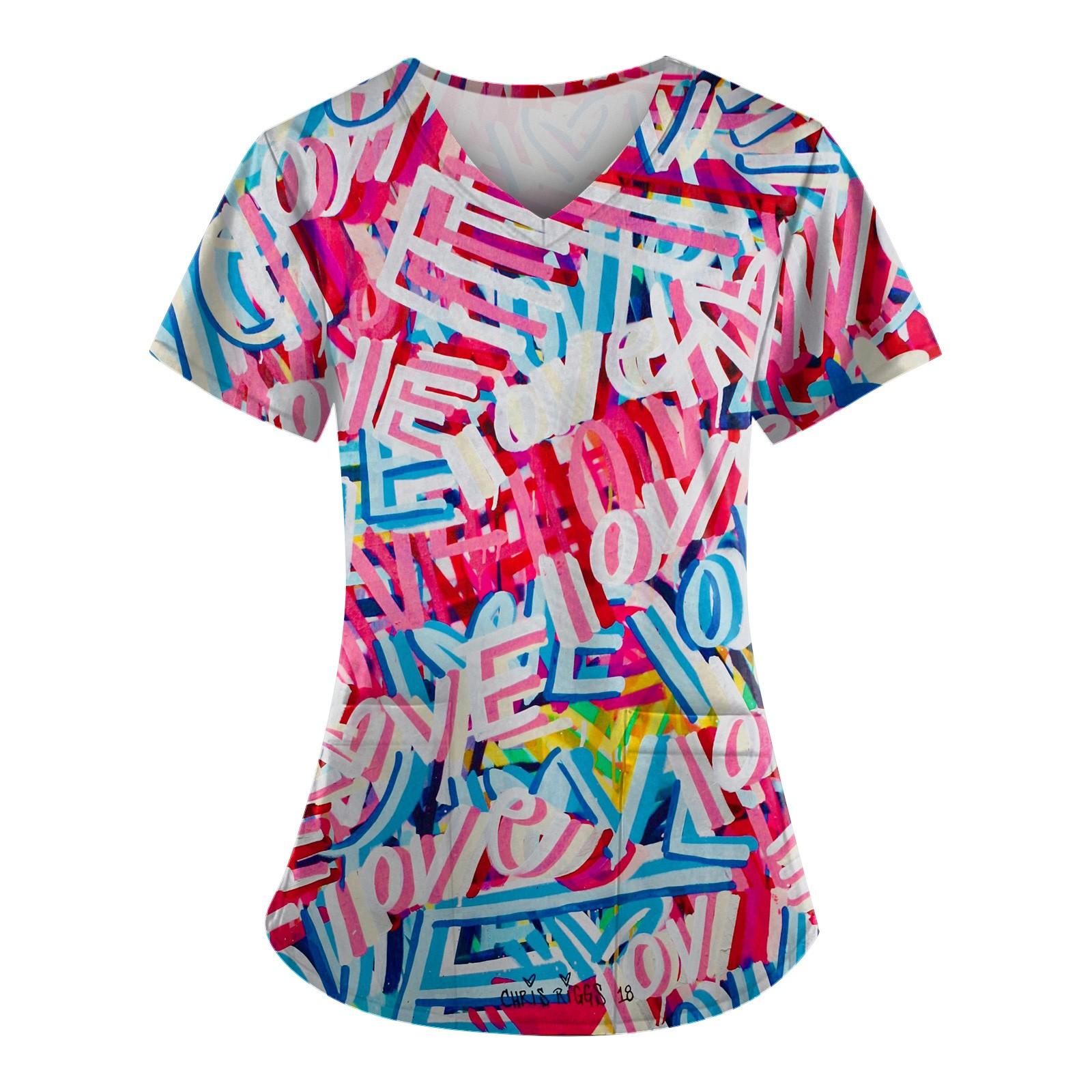 

Рабочая форма больших размеров с принтом, топы для женщин, забавные футболки с v-образным вырезом и короткими рукавами, рабочая одежда, футболка с карманами XL розовый