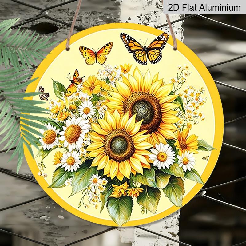 

2D Flat, 1pc Round Aluminum Hanging Sign, Bright Sunflower & Monarch Butterfly Metal Wall Art, Floral Daisy Bouquet Design, Perfect for Garden 7.87x7.87inch