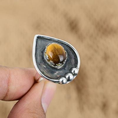 Natural Tiger'S Eye Gemstone Promise Yellow Adjustable Ring 925 Sterling Silver