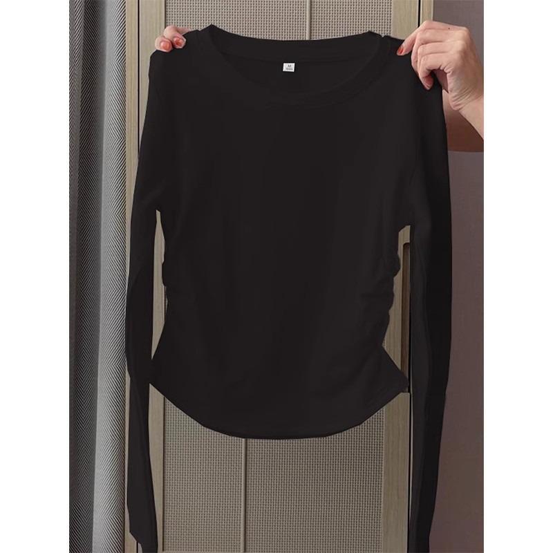 Crew neck front shoulder bottoming shirt women's waist pleated top spring irregular inner design long-sleeved shirt