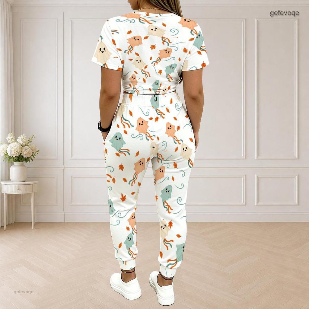 Women Plus Size White Printed Two Piece Set Round Neck Short Sleeve Top Drawstring Cuffed Pants With Pockets