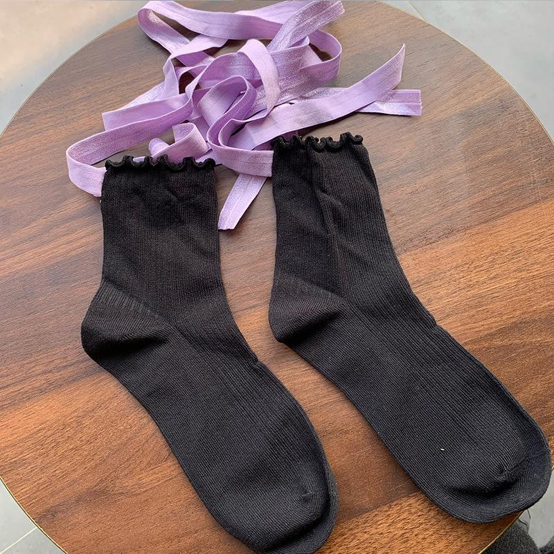 Balletcore Lace-Up Socks with Ruffled Cuff, Sweet Lolita Ribbed Crew Socks for Women, Y2K Aesthetic Leg Warmers Accessories