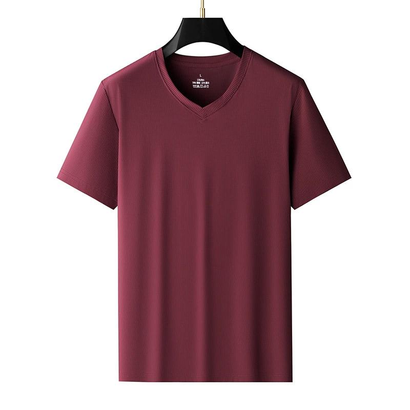Men's Short Sleeved T-shirt, Summer Ice Silk V-neck Casual Cool T-shirt, Solid Color Top, Thin and Plus Size
