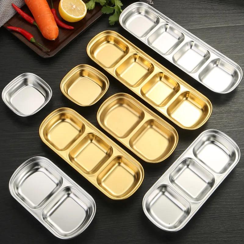 Stainless Steel 1-4 Grids Seasoning Plate Dipping Dish Sauce Dish Hot pot Barbecue Flavor Dish Kitchen Condiment Tray