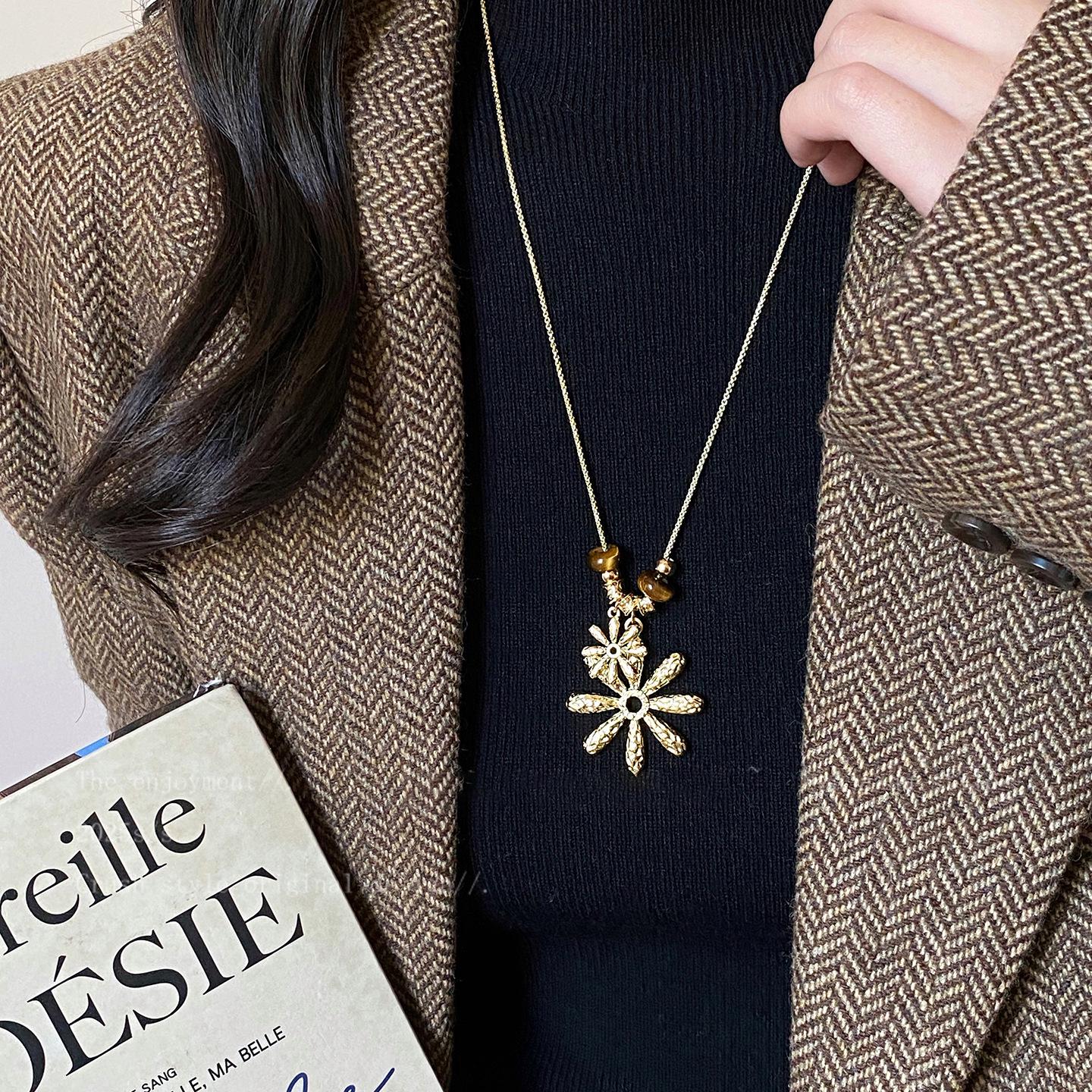 Винтажное Цветочное Ожерелье из Бусин Тигрового Глаза с Дизайном Цепочки для Свитера