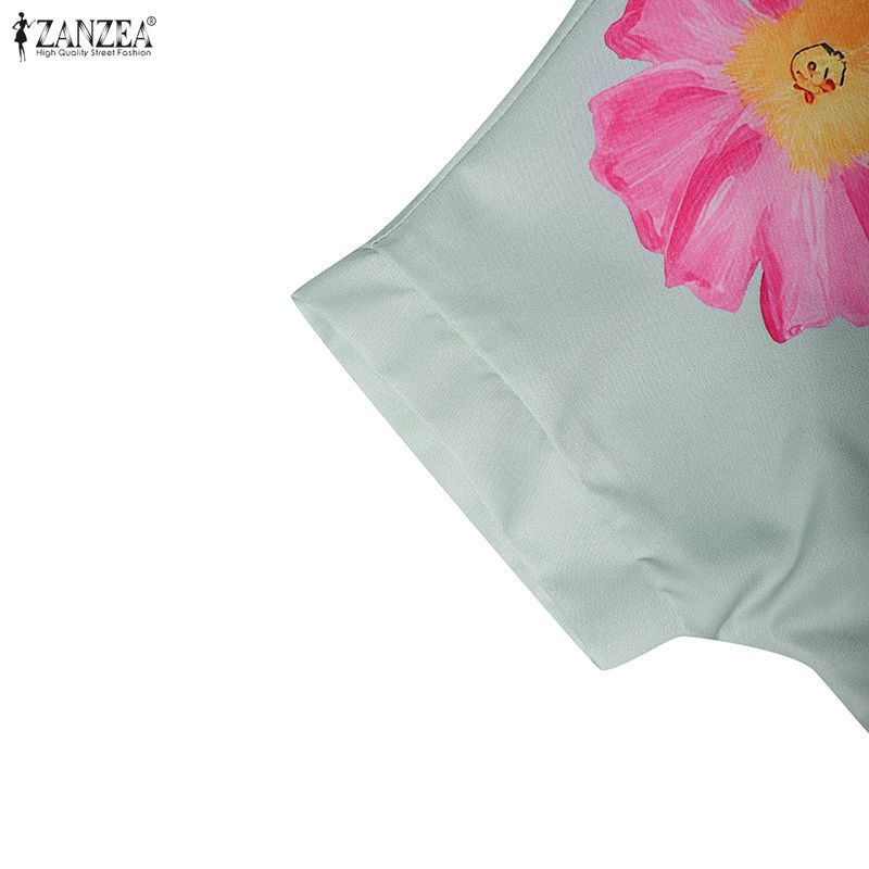 ZANZEA Women Casual Turn Down Collar Short Sleeve Print Shirt Dress